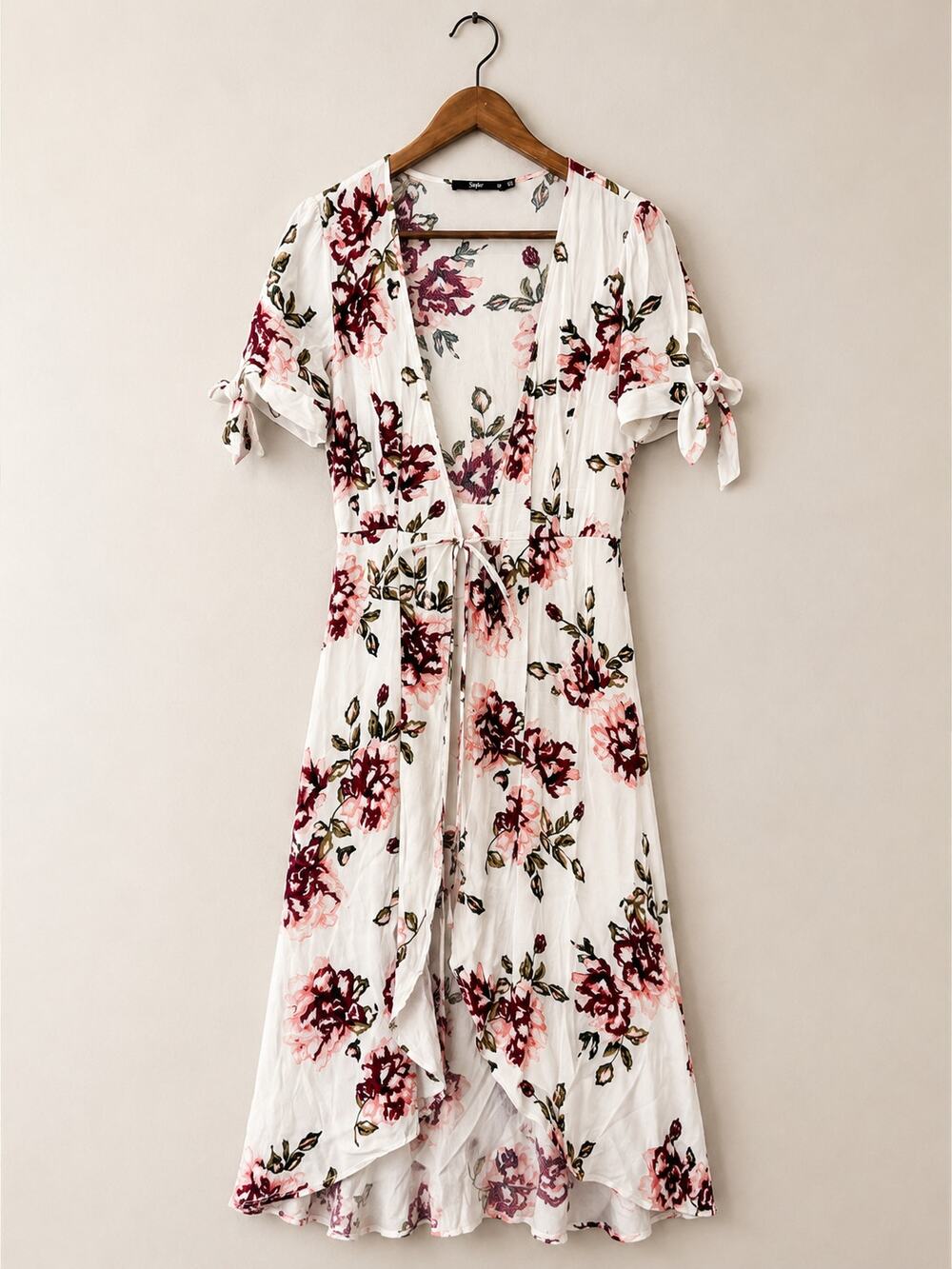 Cottagecore Floral Wrap MidiDress Size 10 Tie Sleeve High Low Boho Prairie